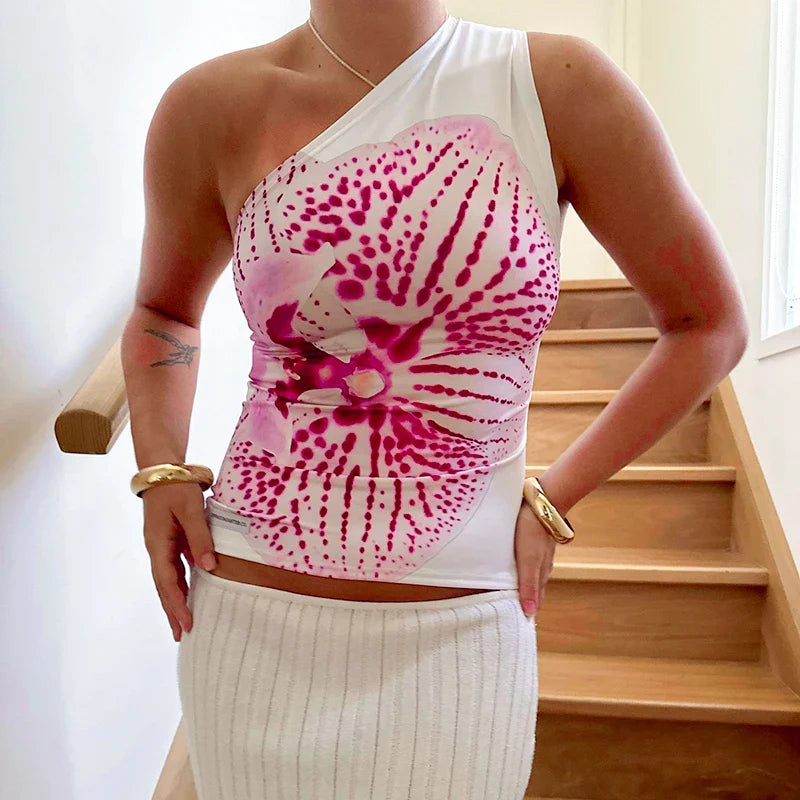 Floral Print Fitted Tops Women Resort Wear Graphic Tees Summer Casual One Shoulder Slash Backless Tank Top