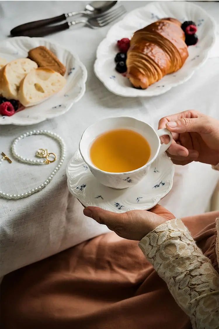 Ceramic Floral Bowl Dish Set Oval Plate New French Medieval High-end Cup Dish Set