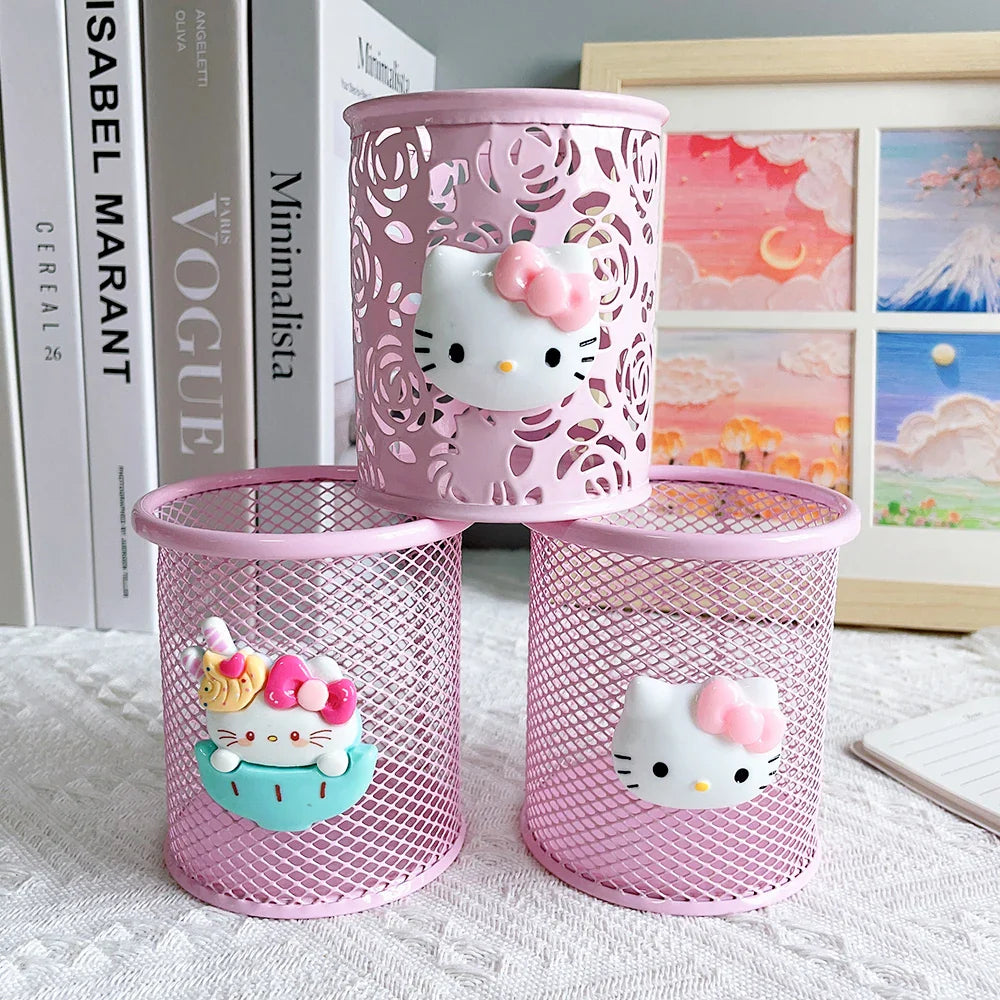 Sanrio Series Cute Hello Kitty Fashion Pen Holder Desktop Decorations Anime Fans Girl Creative Round Pen Holder