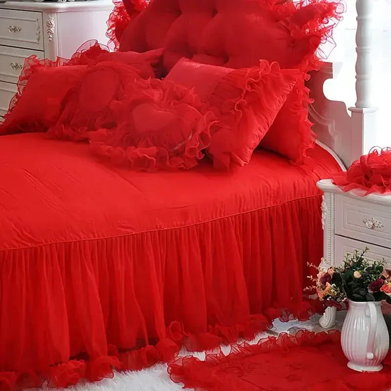 Pink Jacquard Satin Bedspread Bedding Set Luxury Princess Wedding Bed Set Lace Ruffle Duvet Cover Bed Skirt Pillowcases Cotton