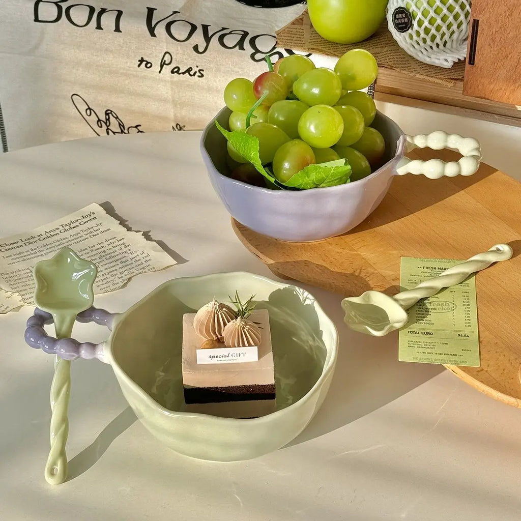 High Beauty Ceramic Instant Noodle Bowl with Pearl Handle Home Irregular Shape Cute Yogurt Bowls Fruit Dessert Tableware