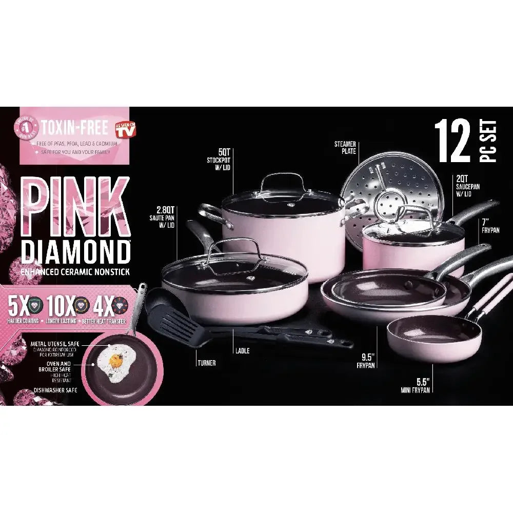 Nonstick Diamond Ceramic Cookware Set Pink Pot Pan Stockpot Frypan Utensils Ladle