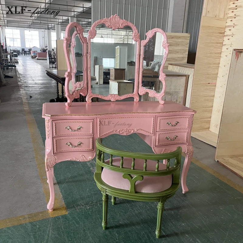 Retro Old Pink Dresser Nordic Makeup Stool Glass Combination European Solid Wood Carving Flower Dressing Table