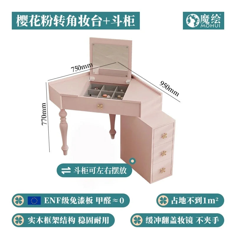 Small Pink Makeup Vanity Table with Mirror and Drawers for Bedroom Storage - Stylish Coiffeuse Furniture