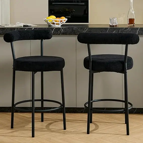 Modern Bar Stools Set of 2 Counter Height Bar stools with Curved Open Back 4'' Round Thick Upholstered Wrinkled Velvet Fabric Set
