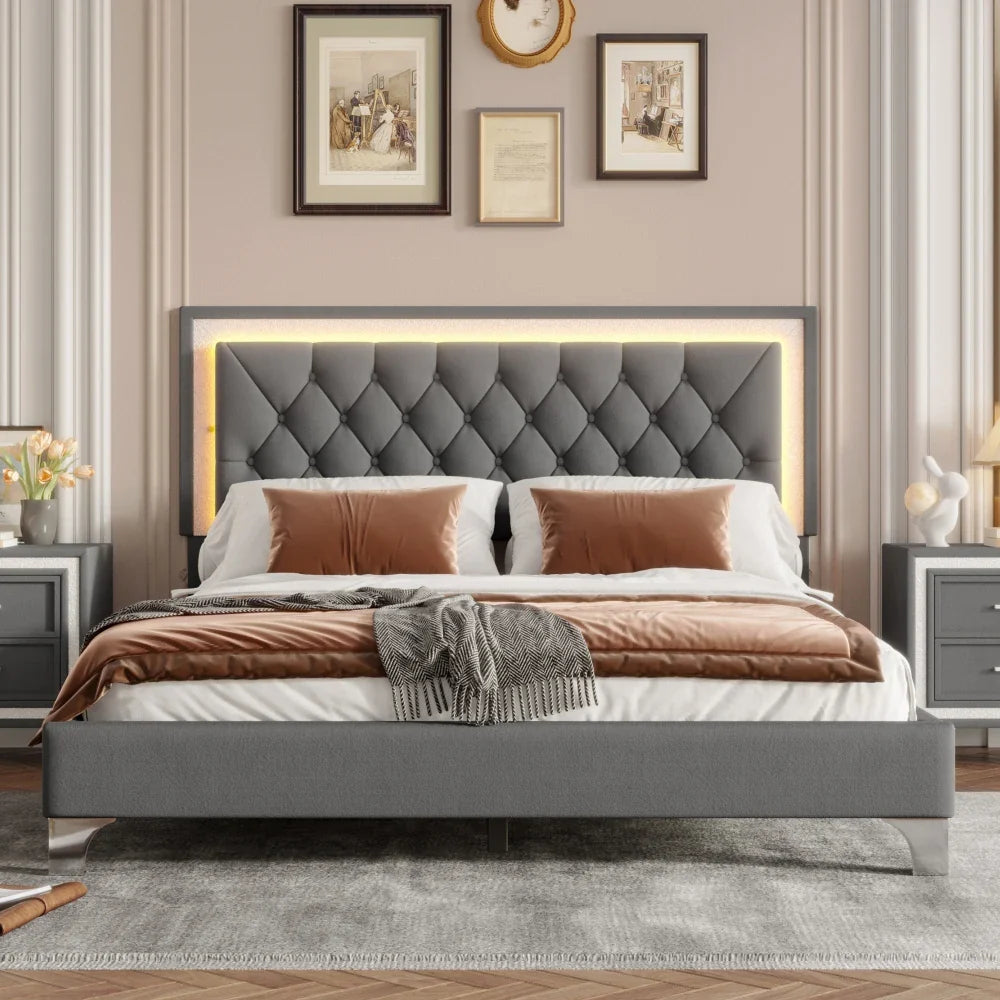 Three -Piece Upholstered Platform Bed Set with LED Lights and Nightstands Pink Velvet Foam-Filled Elegance & Ambiance Easy