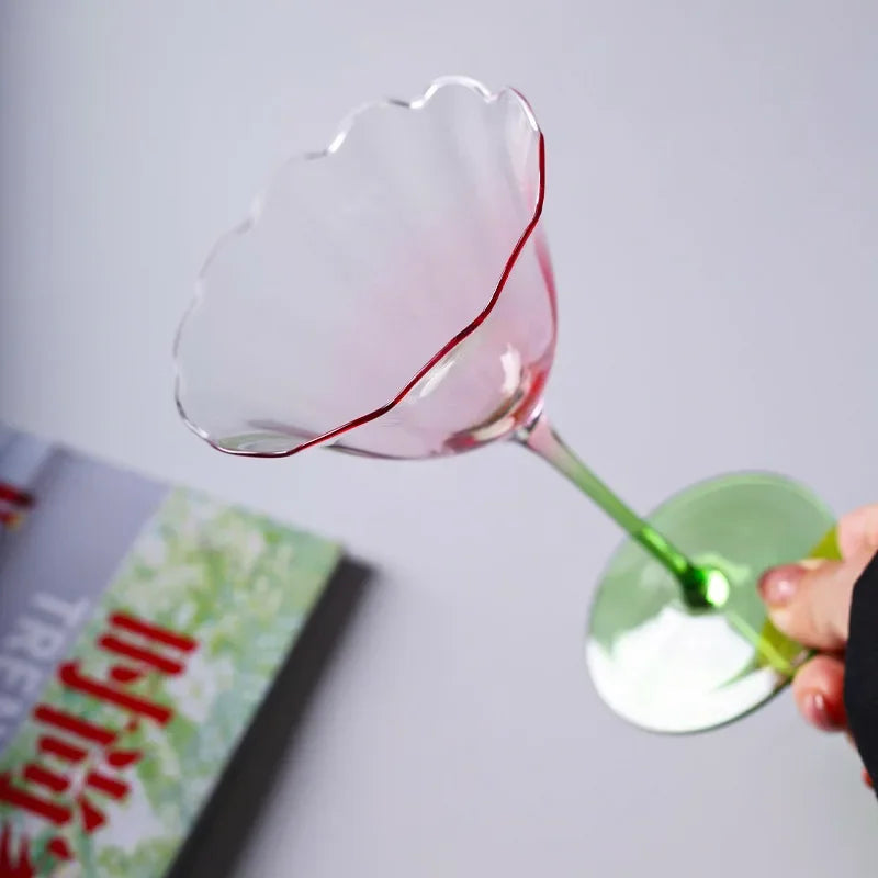 Light Luxury Vintage Flower Red Wine Tall Glass Crystal Glass Pink Green Champagne Glass