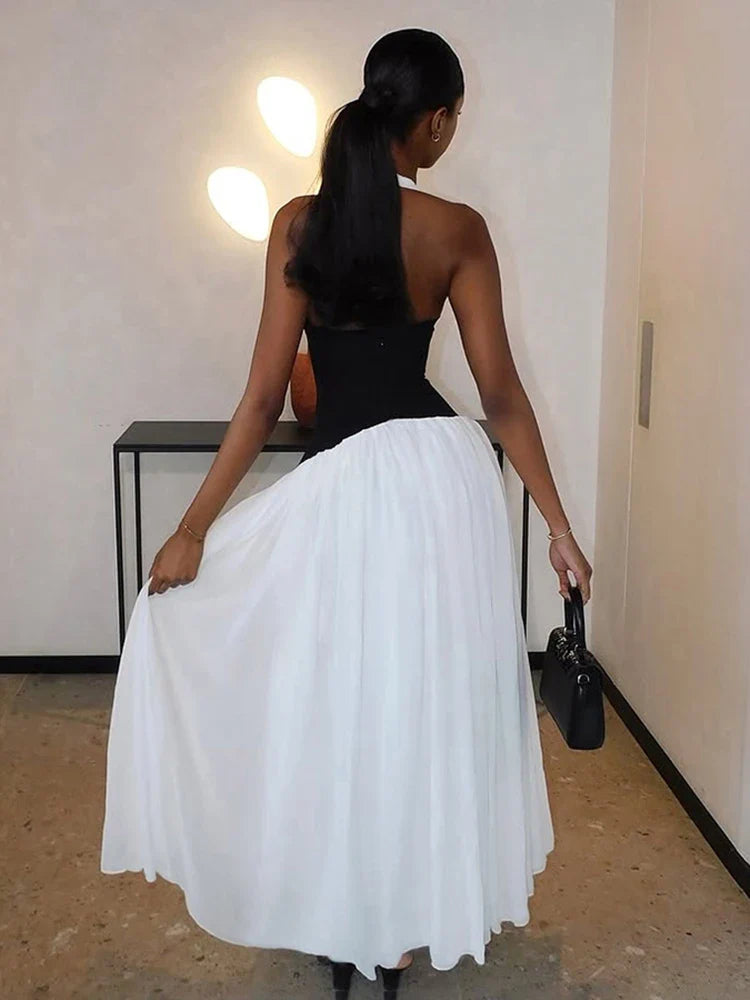 Contrast Patchwork Women Halter Low-Neck Backless Ruched Ruffles Hem Elegant Long Body-con Dress
