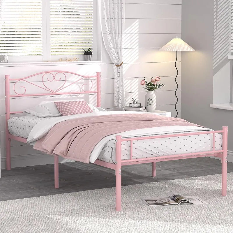 Pink Twin Size Metal Platform Bed Frame with Headboard and Footboard, Heavy Duty Mattress Foundation with Steel Slats Support 14 Inch