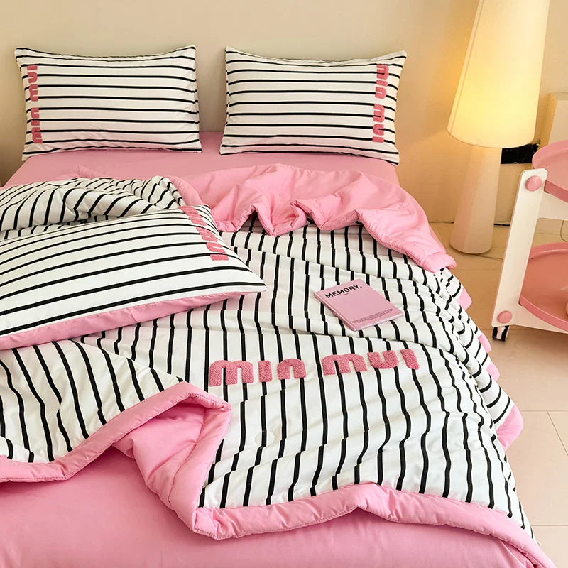 Stripe Quilt set Pink And White Bedding Set with Flat Sheet Set Soft  Fluffy Embroidery Quilt Set