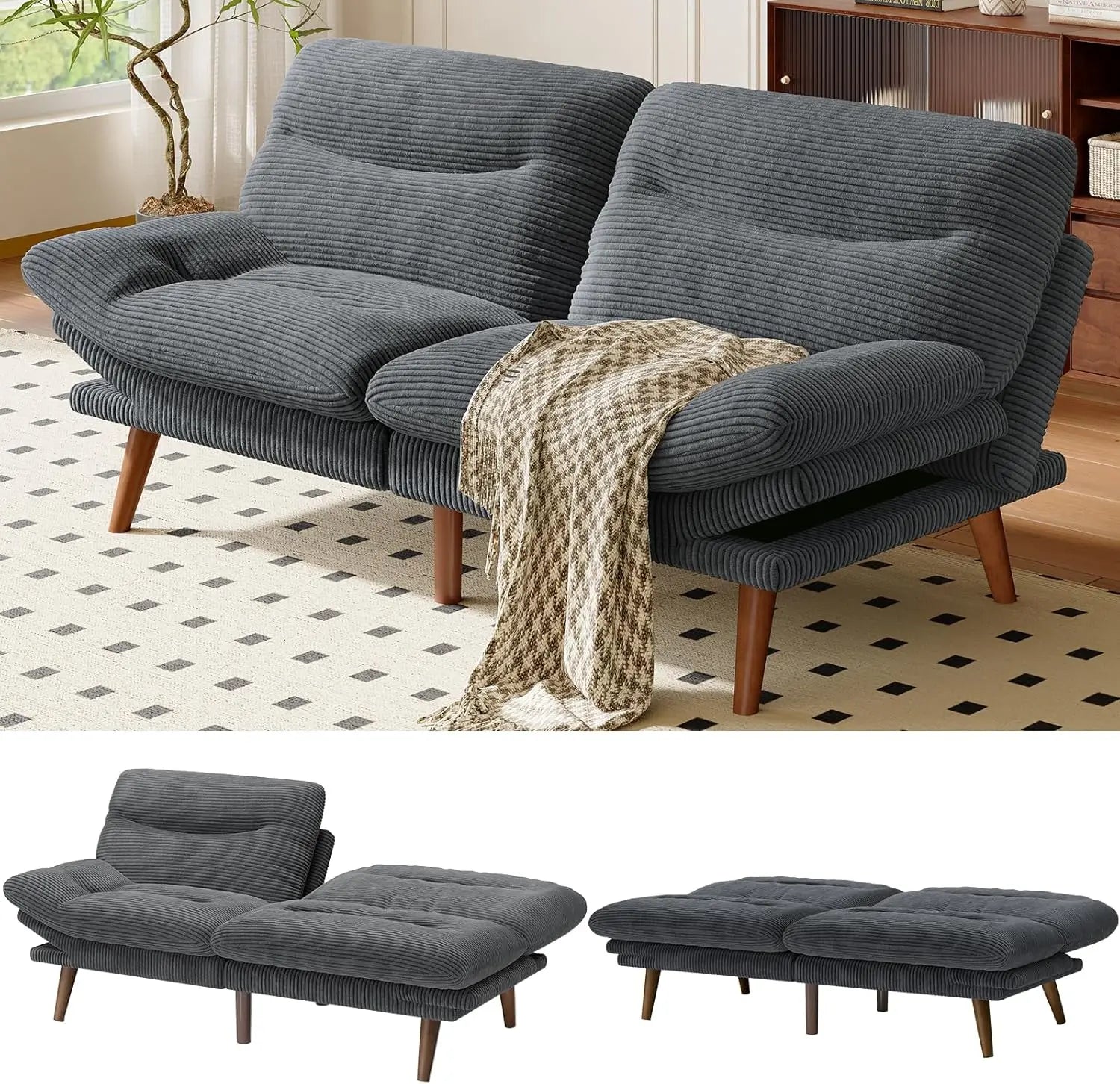 Futon Sofa Bed with Adjustable Backrest & Armrests, Convertible Futon Sofa Couch for Small Spaces, Living Room or Office