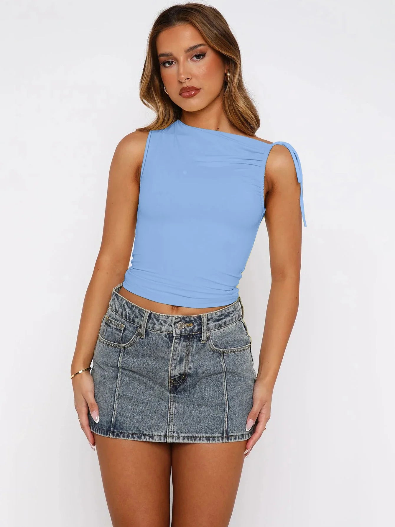 Sleeveless Skew Collar Ruched Lace Up Bodycon Crop Top Sexy Elegant l