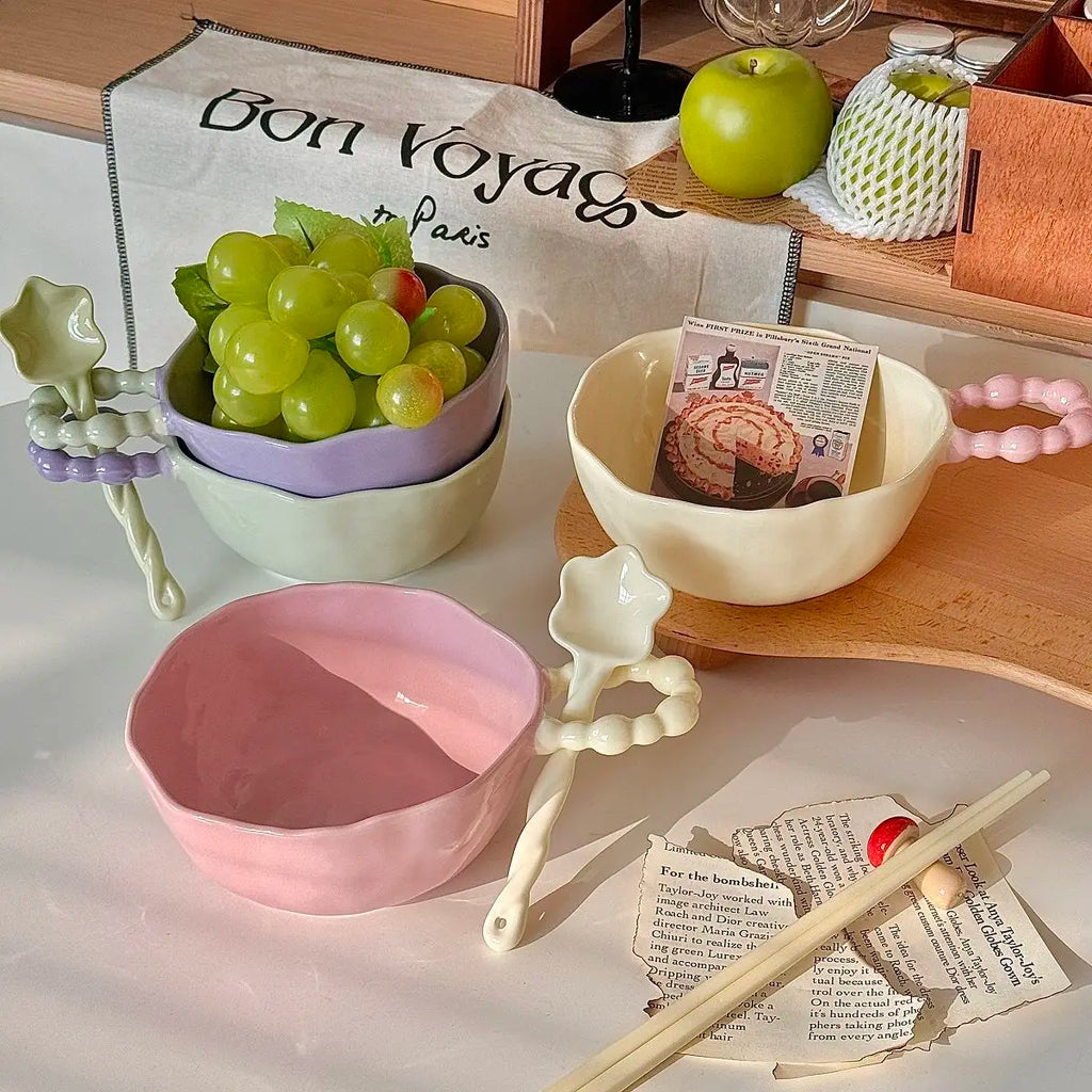 High Beauty Ceramic Instant Noodle Bowl with Pearl Handle Home Irregular Shape Cute Yogurt Bowls Fruit Dessert Tableware