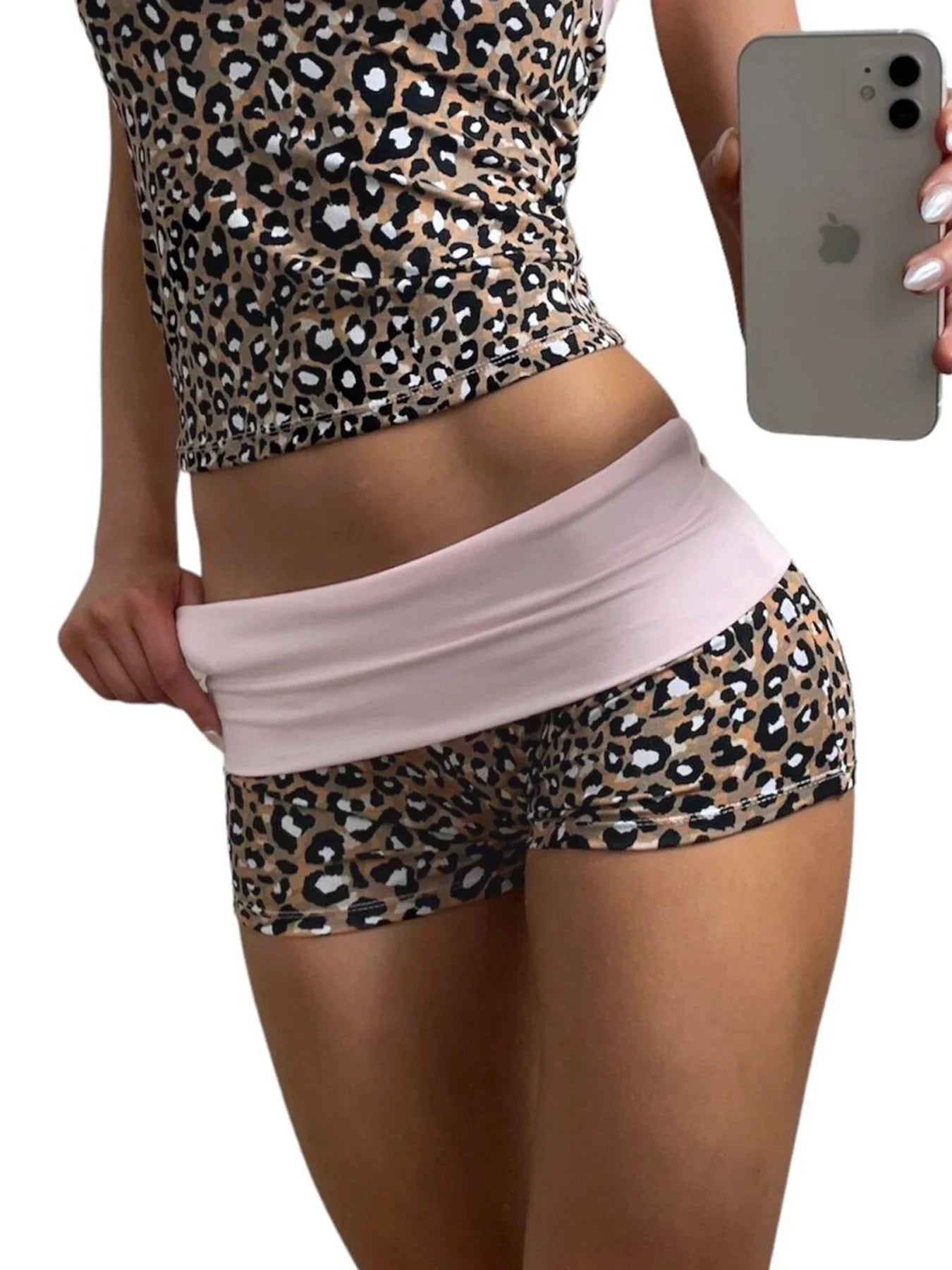 Leopard Print Patchwork Slim Two Pieces of Sets for Women Tube Tops and Low Waisted Shorts Suits Vintage Y2K Cloth