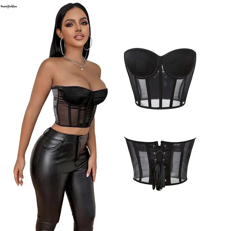 Summer Translucent Corset Women's Mesh Crop Top Black Padded Bra Bustier