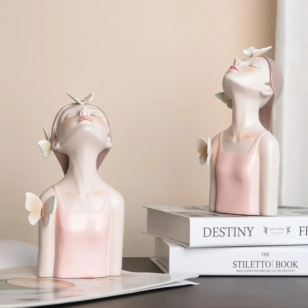 Pink Girl Butterfly Fairy Figurines, Resin Tabletop Statues, Creative Girl Bust With Butterflies, Home Decor Craft