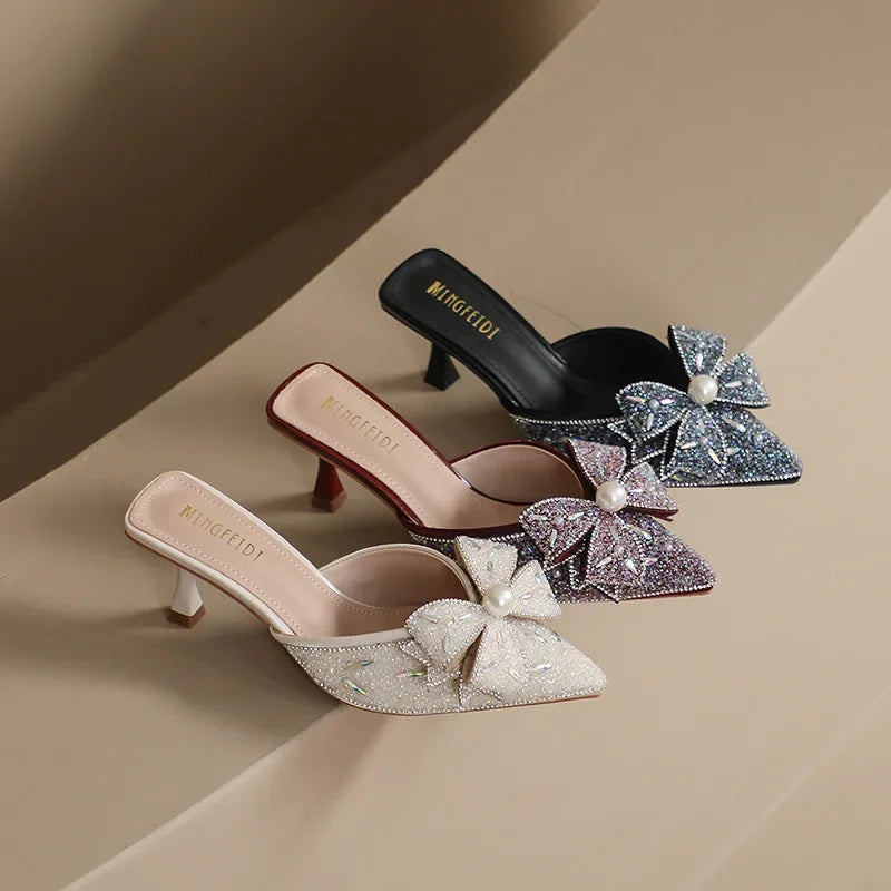 Ladies Glitter Low Butterfly-Knot Slippers Casual Jelly Thin Pointed Luxury Fashion Kitten Heels