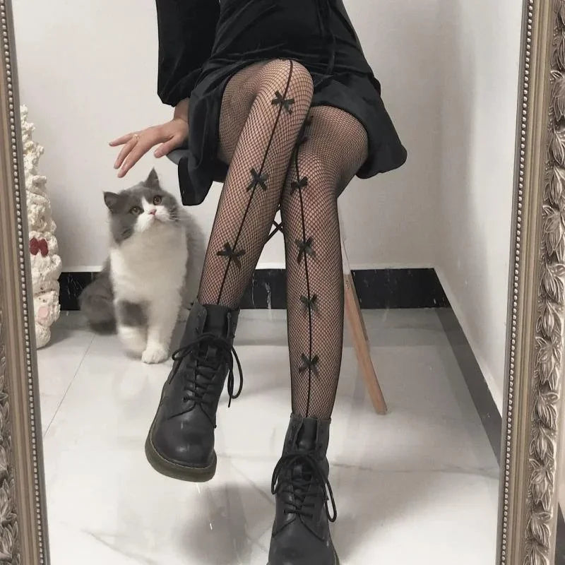 Women Stockings Pantyhose Hollow Out Transparent Slim Fishnet Pantyhose with Bow-knot