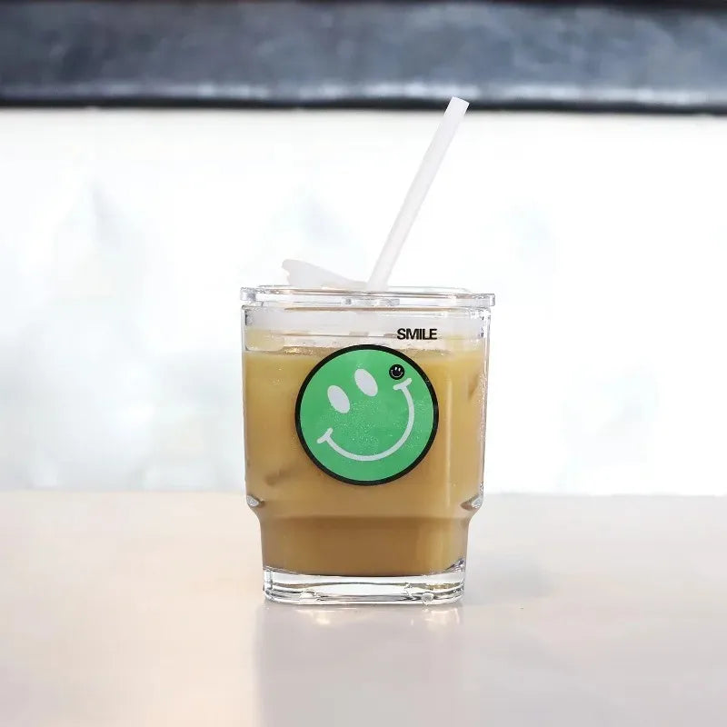 Glass Square Cup Large Capacity with Lid Cup with Straw Mug Cup