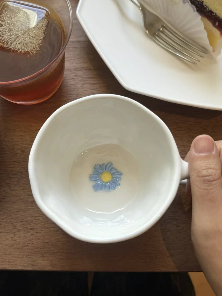 Hand Pinched Irregular Ceramic Hand-drawn Daisy Milk Tea Cup Pink Bow