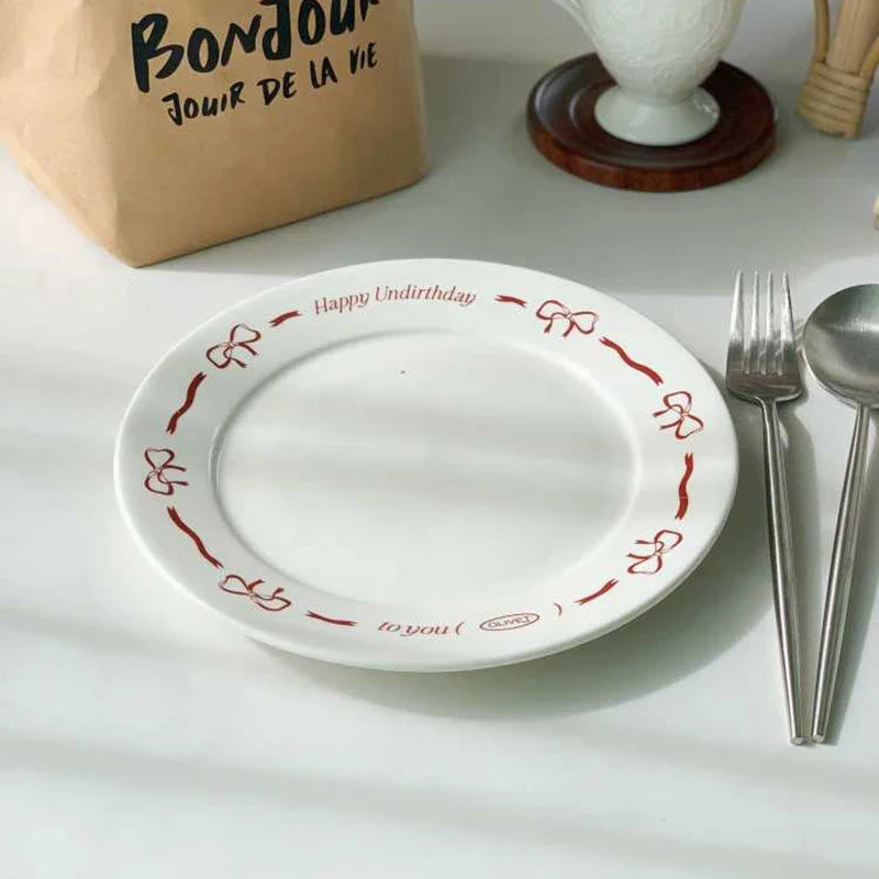 Pink Bow Ceramic Dessert Plate French Vintage Hand-painted Dish