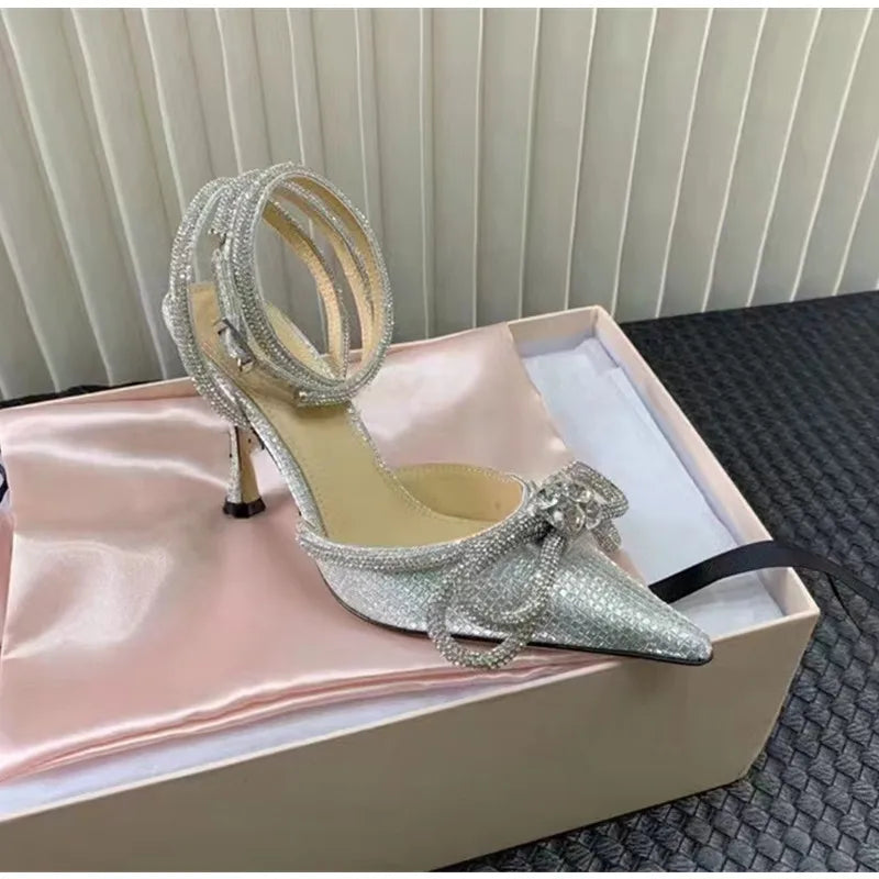 Glitter Crystal Women Pumps Sexy Ankle strap Rhinestones Bowknot High Heels