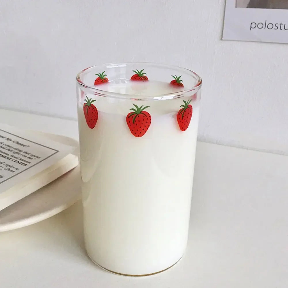 Strawberry Cute Glass Cup With Straw Creative Transparent Water Cup Student Milk Heat Resistant Glass 300ml