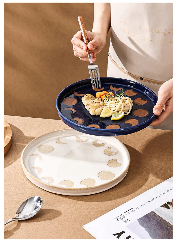 Vintage Hand Painted Dots Daisy Pottery Deep Plates Creative Moon Star Steak Flat Plate Handmade Salad Dinner Dishes