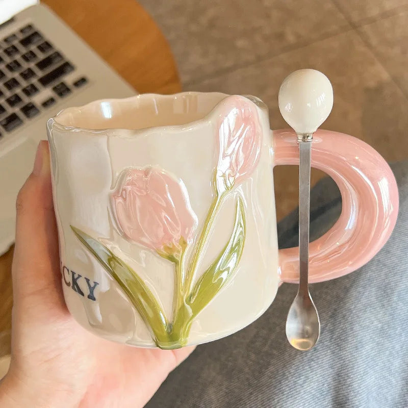 Creative Tulip Ceramic Cup with Handle Spoon Mugs