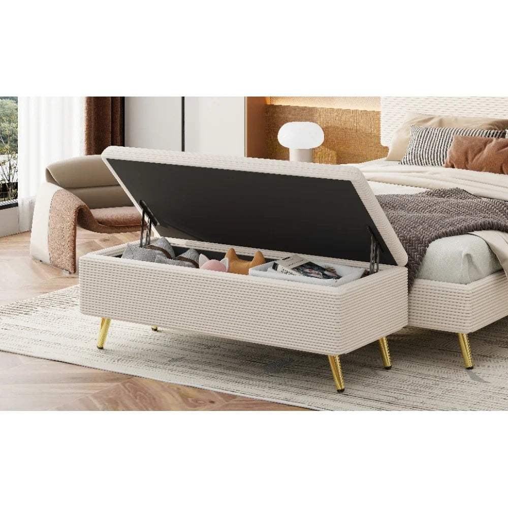 Pink 2 Pieces Bedroom Sets Queen Size Upholstered Bed Frame, Modern Corduroy Storage Ottoman