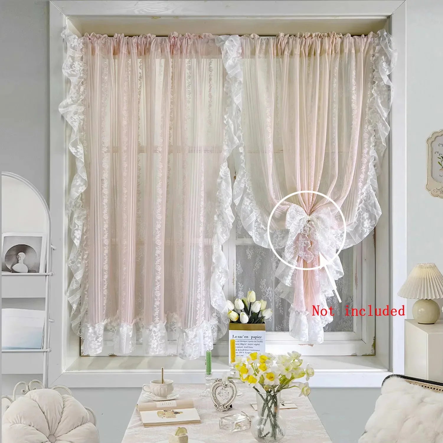 Vintage Ruffle Sheer Lace Curtain Panels for Living Room Bedroom Study Doorway Pink Floral Tulle Drapery Home Decorative