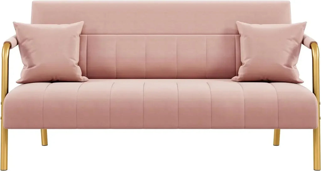 Modern Loveseat 2 Seater Sofa Luxurious Velvet Fabric Couch with Gold-Tone Metal Arms and Legs for Bedroom, Studio Pink 56.5" W