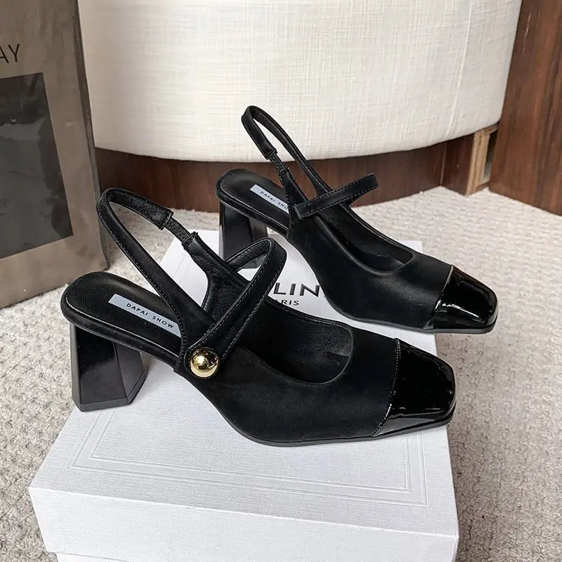 Fashionable High Heels, Summer New Style Spliced One-Strap Sandals, Sexy Exposed Heel Mid-Heel Sandals