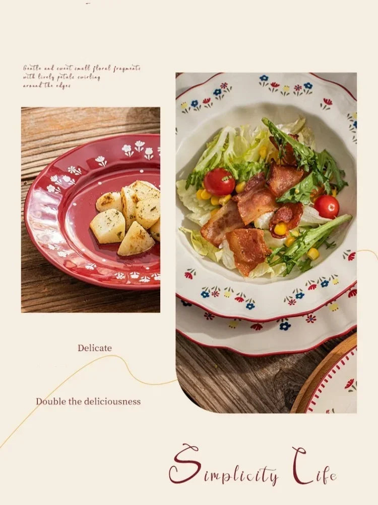 Floral Pattern Soup Bowl Salad Bowl Dish Oval Plate Pastoral Style Dinnerware Table Decoration Kitchen Gadgets Ceramic Tableware