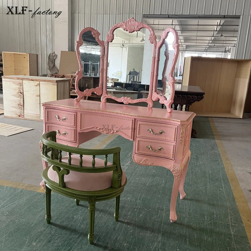 Retro Old Pink Dresser Nordic Makeup Stool Glass Combination European Solid Wood Carving Flower Dressing Table