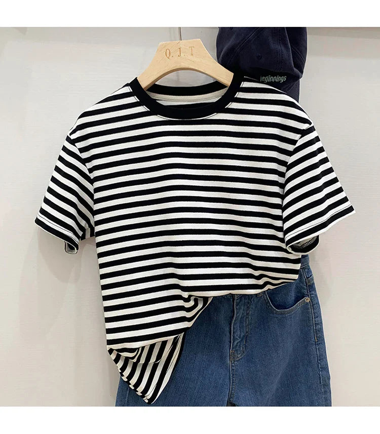Summer Short Sleeve Striped T-Shirts Versatile Women Knitted Basic Casual Tops Female Cozy Loose Cotton Tees