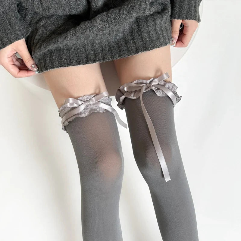 Women Lace Black White Ruffle Long Socks Women Girls Sweet Stockings Lolita Nylon Lace Leggings Over The Knee Bowknot Hosiery