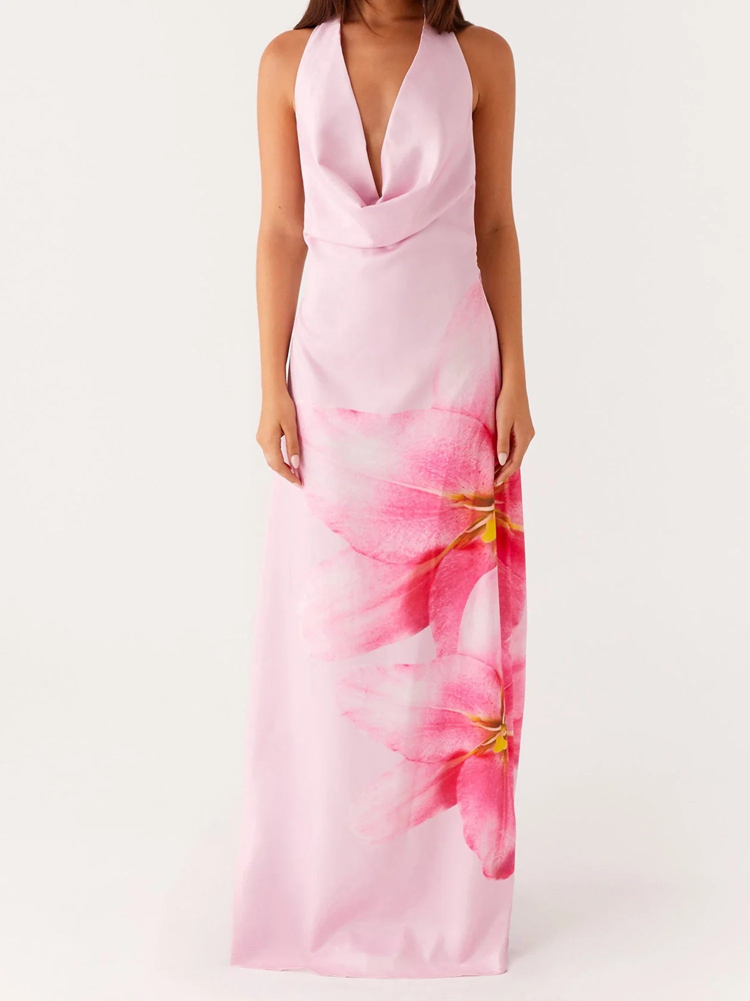 Summer Elegant Floral Print Sleeveless Halterneck Maxi Dress with Open Back