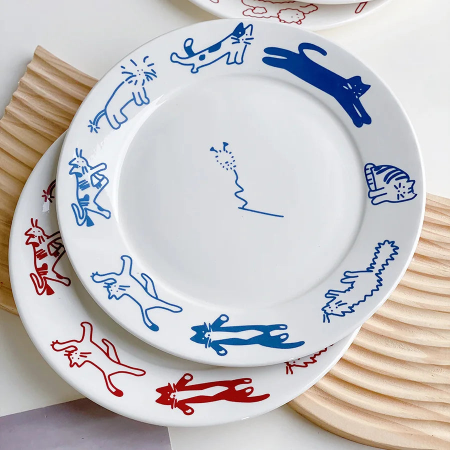 Cute Cat and Dog Ceramic Dessert Plate Cake Western Flat Plate Pasta Fruit Disc Dinner Set Plates and Dishes