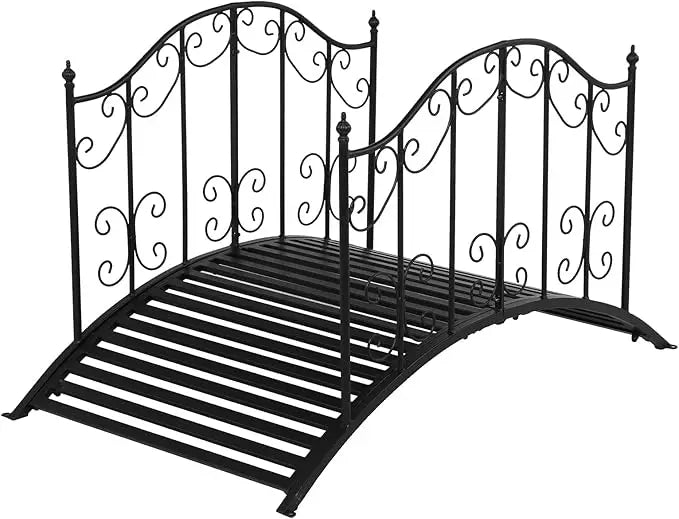 Garden Bridge Metal Yard Arch Path Bridge with Patterned Guardrails, Ourdoor Decorative Black Iron Foot Bridge for Pond