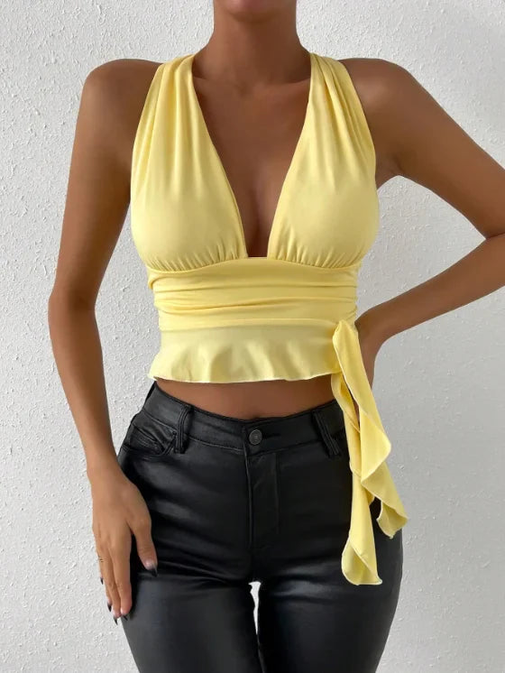 Women's Sexy Tight Fitting Deep V-neck Pleated Top Tight Fitting