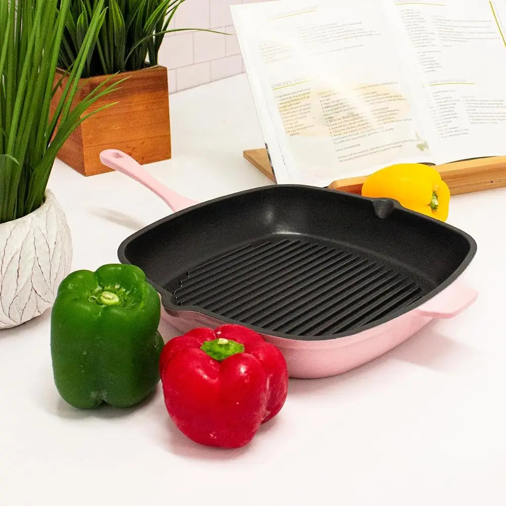 Pink Enameled Cast Iron Cookware Set, Grill Pan 11 Hes, Fry Pan 10 Hes, Oven Safe Up To 400°F, 2Pc