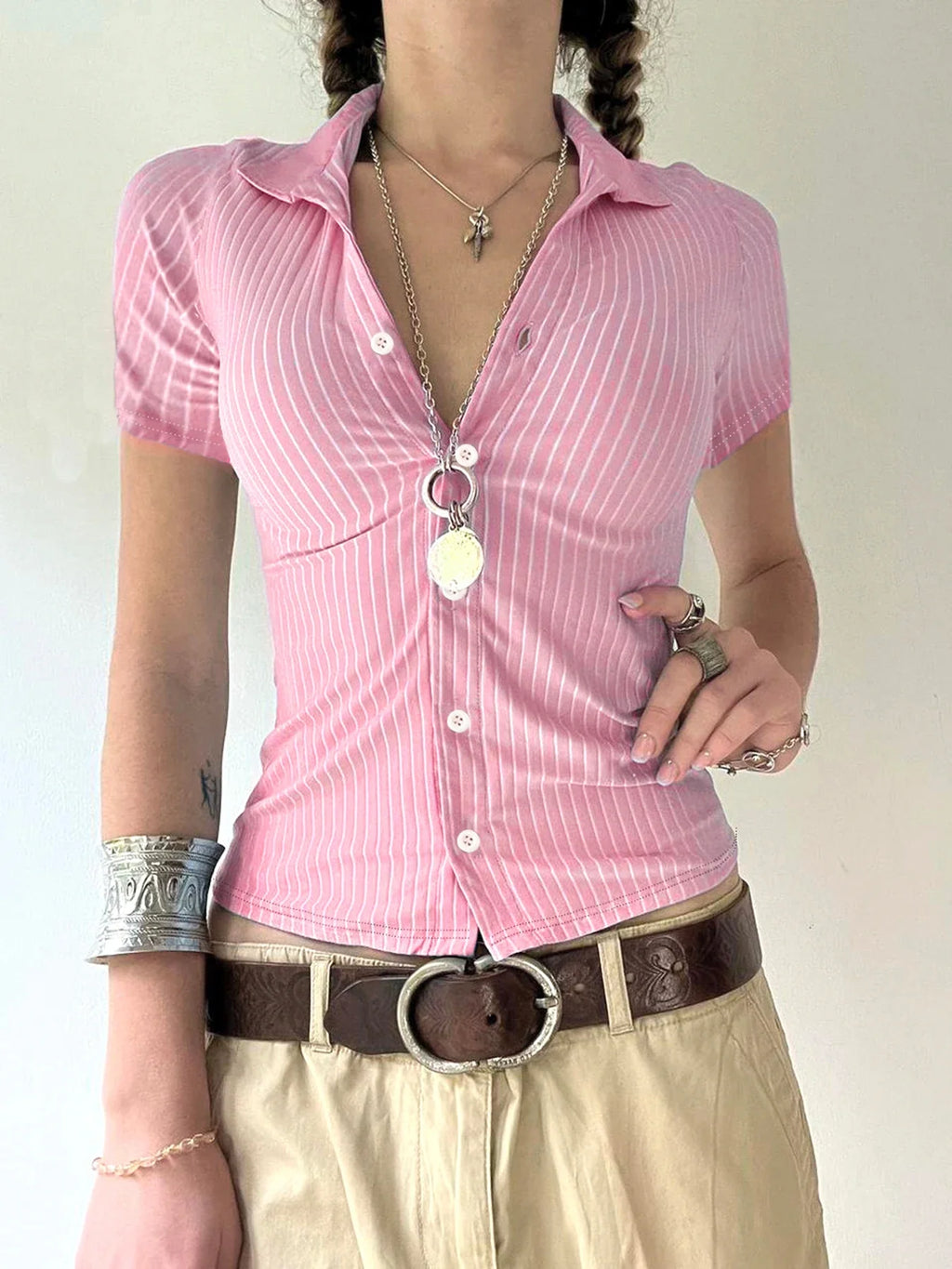 Stripe Short Sleeve Shirts For Women Button Up Turn Down Collar Slim Simple Casual Preppy Tops Basic Summer Tees