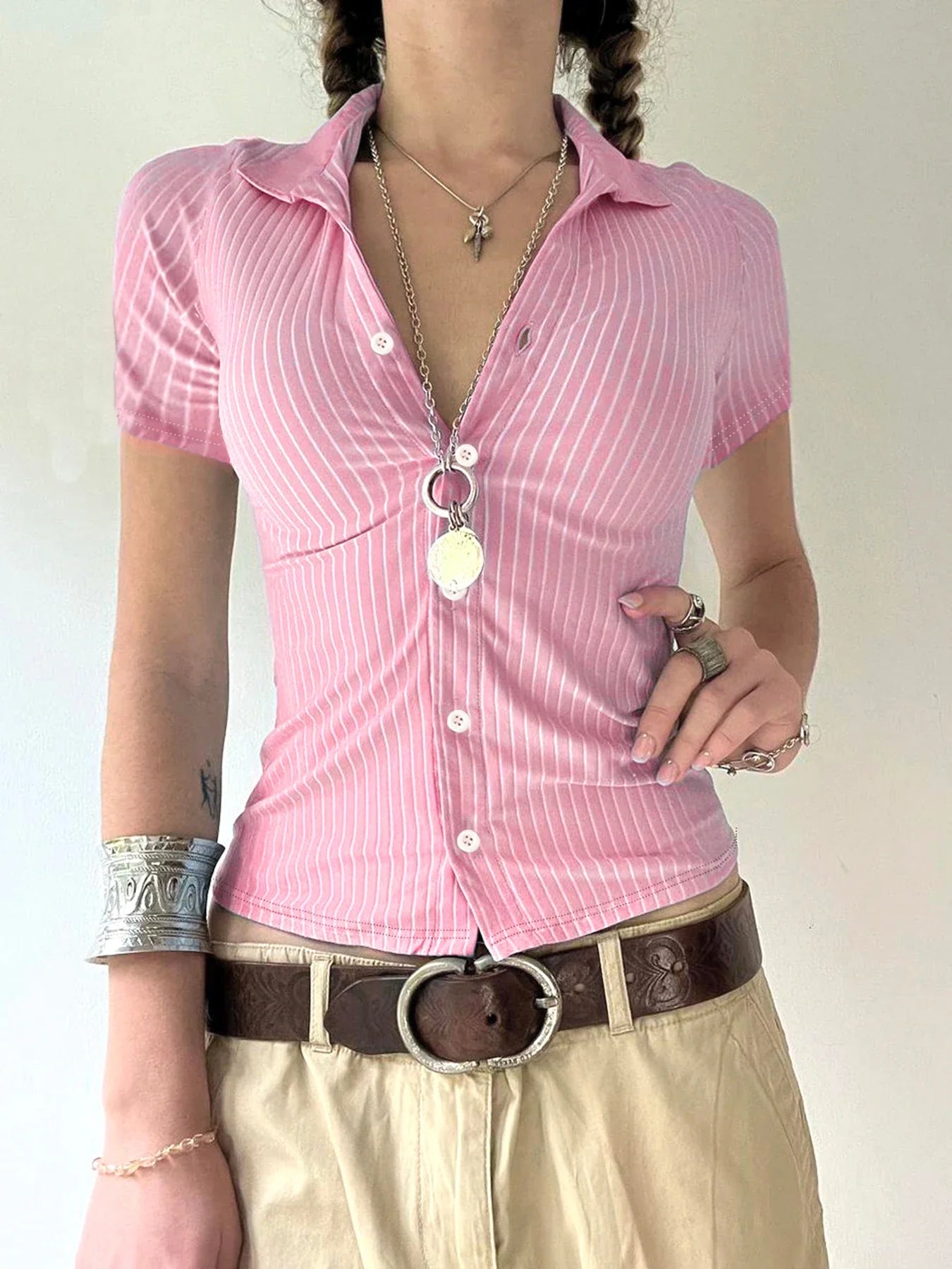 Stripe Short Sleeve Shirts For Women Button Up Turn Down Collar Slim Simple Casual Preppy Tops Basic Summer Tees