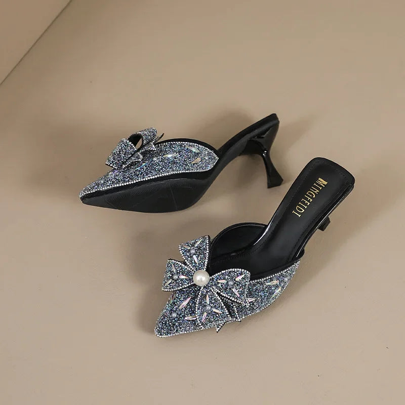 Ladies Glitter Low Butterfly-Knot Slippers Casual Jelly Thin Pointed Luxury Fashion Kitten Heels