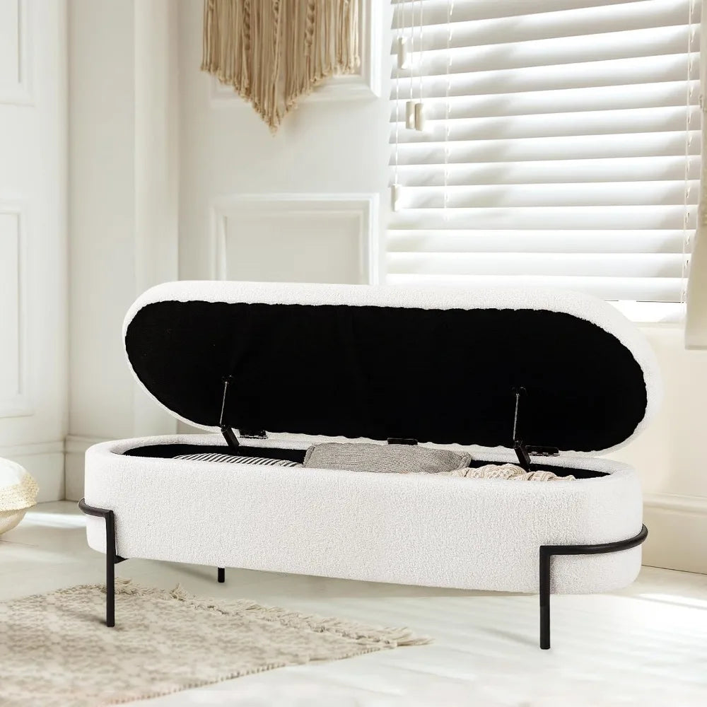 Storage Ottoman Bench with Metal Stand, Upholstered Sherpa Stool with Large Storage Space, Modern Storage Bench