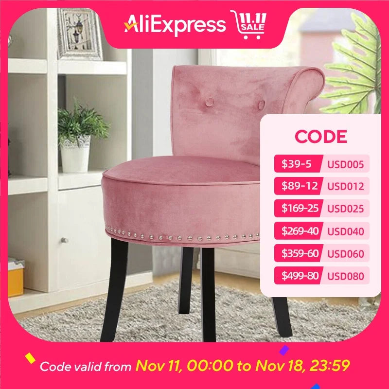 Vanity Stool Chair Makeup with Upholstered Round Velvet Padded Chair with Wood Legs