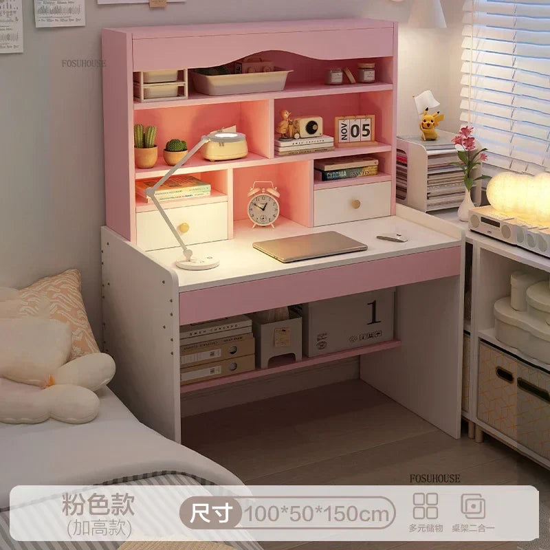 Girl Pink Bookshelf and Bookcase Integrated Study Desk with Storage Gaming Table Modern Office Furniture