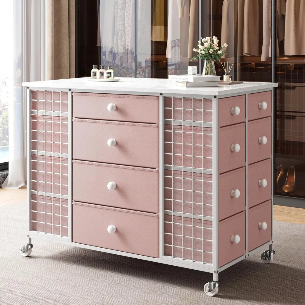 Pink Dresser for Bedroom with Wheels & 40"* 23" Wide Wooden Top,Dresser & Chests of Drawers