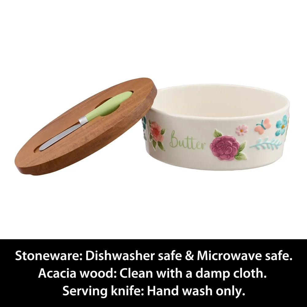 Painted Meadow Butter Dish Set Acacia Wood Lid Metal Serving Knife Floral Embossed Stoneware Butter Storage Handcrafted